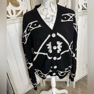 Steady Hands Cardigan Western Black White Chunky Sweater Size M/L